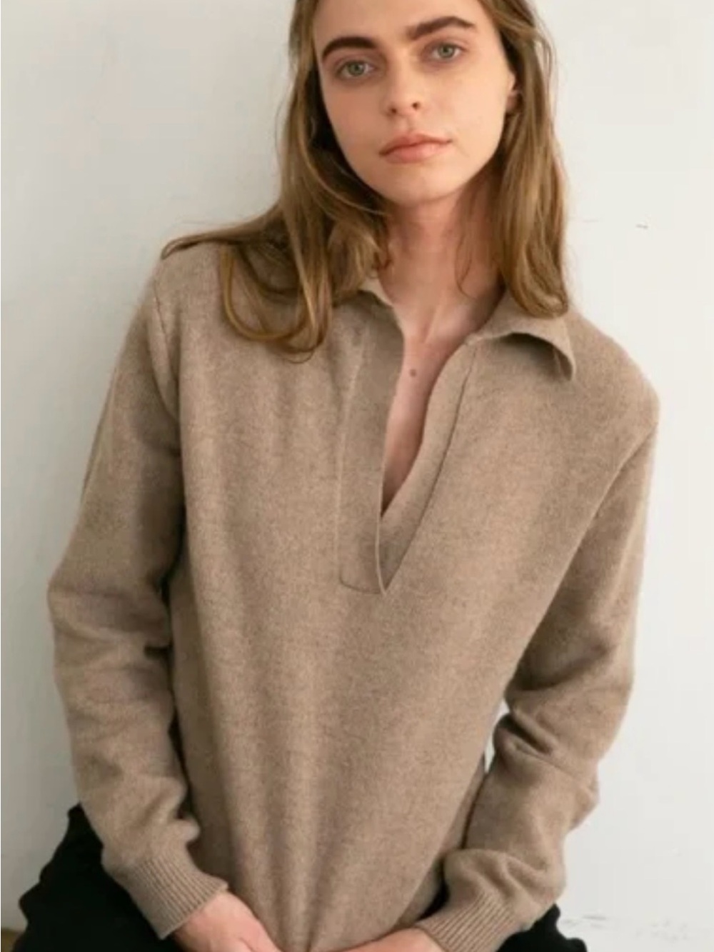 Almina Concept V-Neck Collared Polo Wool Cashmere Sweater size S tan